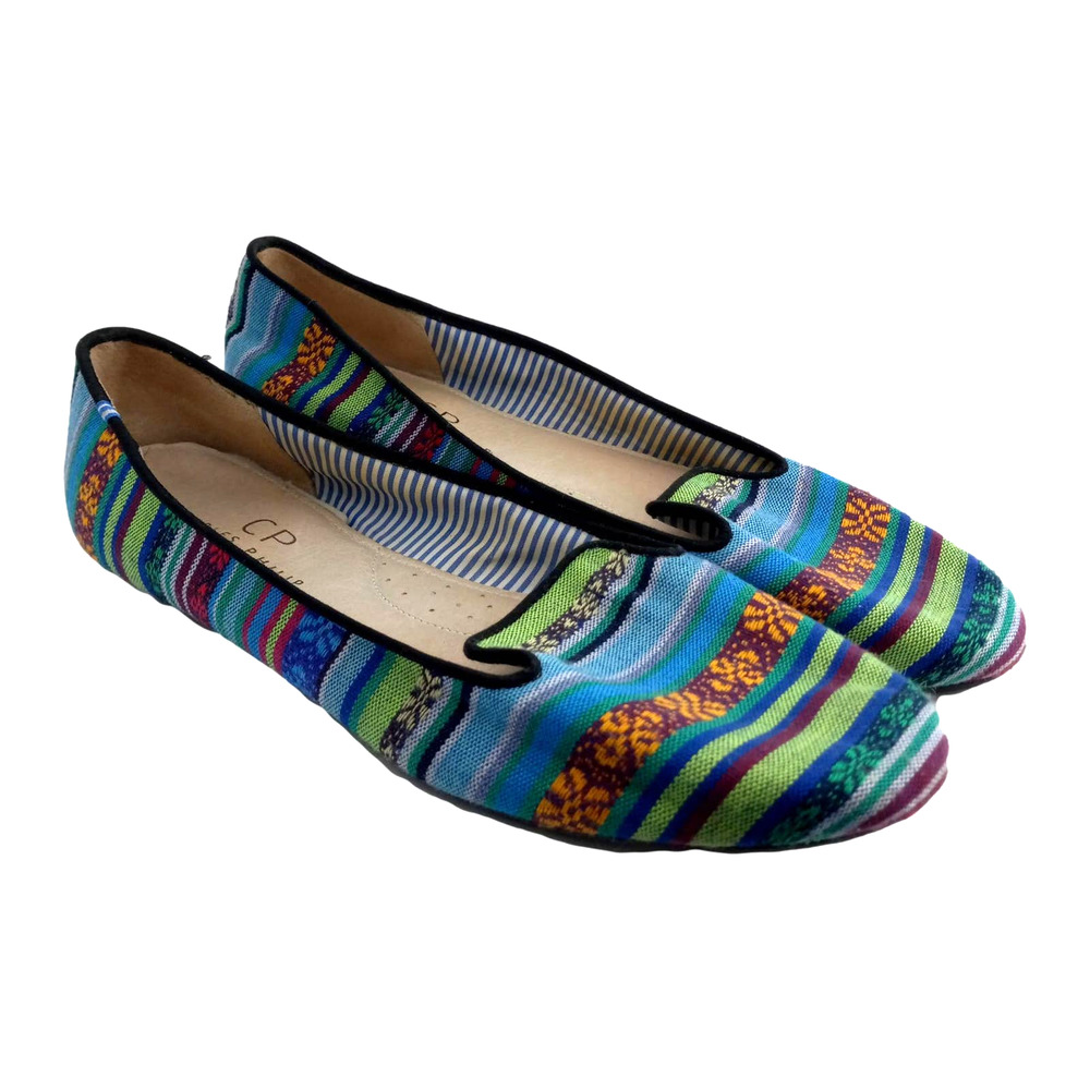 Charles Philip Shanghai Blue Magenta Green Stripe Round Toe Flats Size 10